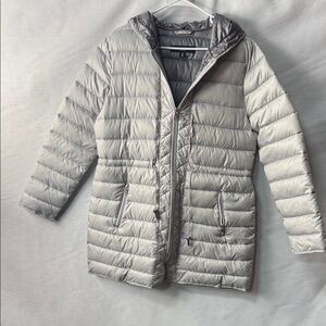 Kenneth Cole Silver Quilted Hooded Puffer Coat